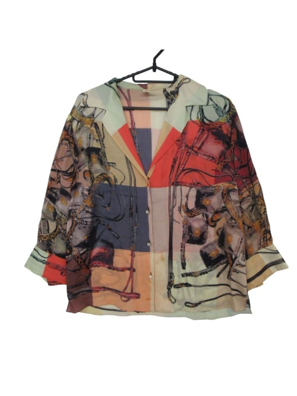 Hermes Long Sleeve Shirt Vintage All Over Pattern Silk Open Color Horse Tack